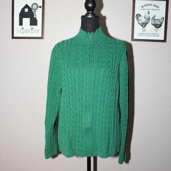 LL Bean Womens Full Zip Kelly Green Cable Knit Cardigan Sweater Size XL Cotton - Picture 1 of 7